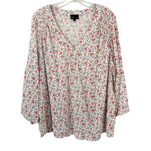 Jones New York White & Red Floral Long Sleeve Blousse V-Neck Rayon - Size 1X